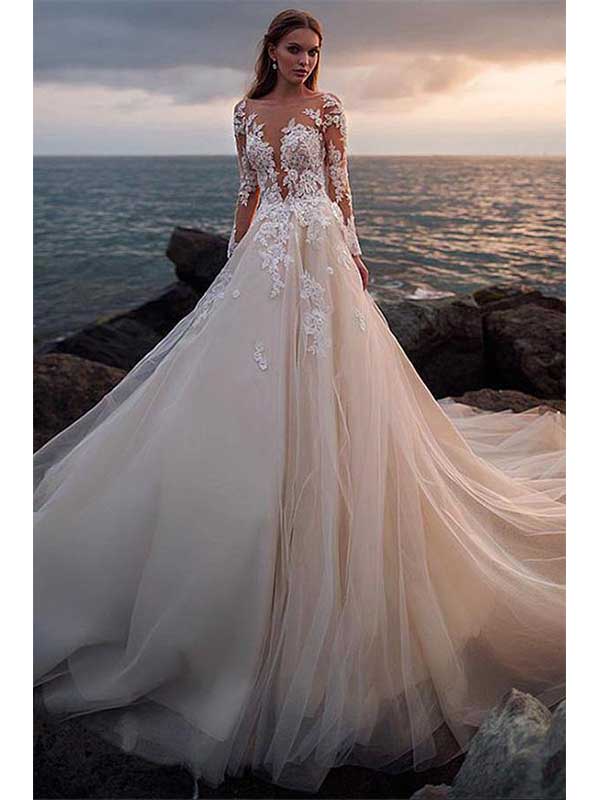 illusion lace long sleeve wedding dress Fit And Flare Crepe Wedding Dress With Illusion Lace Long Sleeves - Guillermo Pharis Bridal Wedding Dresses | Custom Made Gowns in Denver, CO | Los Angeles, CA