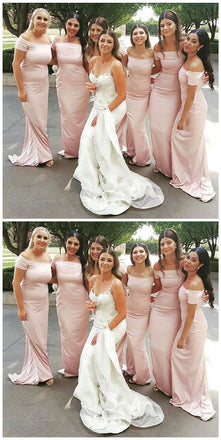Mermaid Cheap Off-the-Shoulder Short Sleeves Simple Style Pink Bridesmaid Dress, BD0486