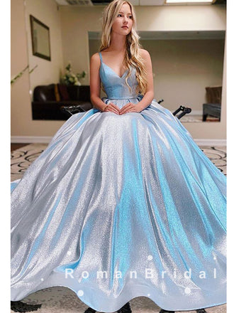 Shinny A-Line V-Neck Spaghetti Straps Custom Long Prom Dresses,RBPD0012