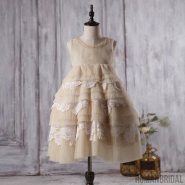 Round Neckline Sleeveless Beige Tulle Lace Flower Girl Dresses, Affordable Little Girl Dresses, FG058