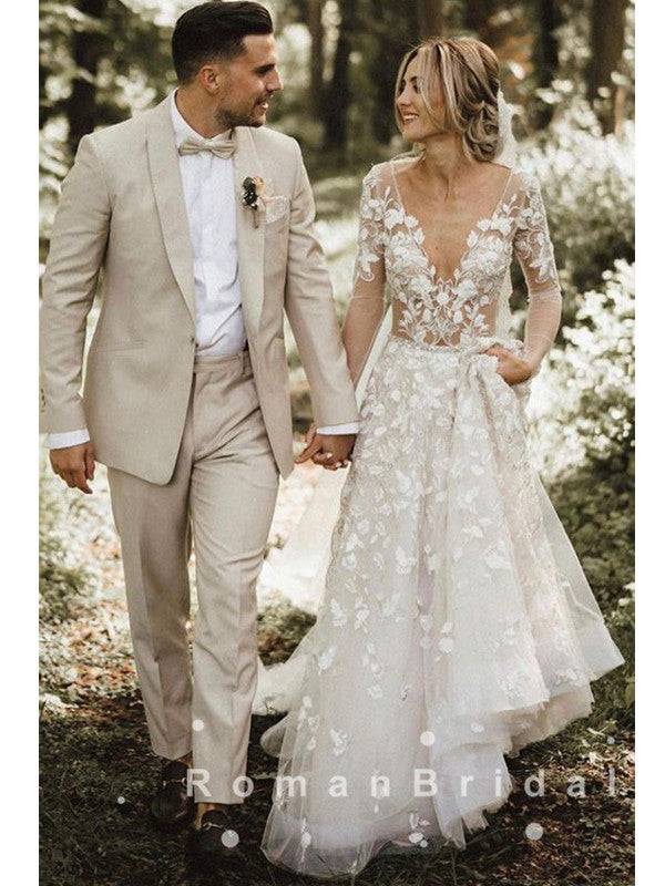 See Through A-Line Deep V-Neck Long Sleeves Long Wedding Dresses With RomanBridal See Through A-Line Deep V-Neck Long Sleeves Long Wedding Dresses With RomanBridal