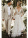 See Through A-Line Deep V-Neck Long Sleeves Long Wedding Dresses With Lace,RBWD0012