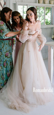Off-shoulder A-line Tulle Cheap Long Wedding Dresses Online,RBWD0023