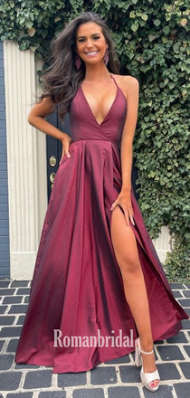 Simple V-neck A-line Satin Side Slit Cheap Long Prom Dresses,RBPD0133