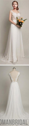 Simple Long A-Line V-back Lace Wedding Dresses, Chiffon Wedding Party Dresses, WD0013