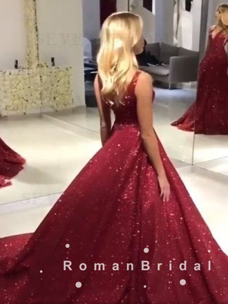 A-Line V-Neck Spaghetti Straps Dark Red Sweep Train Prom Dresses,RBPD0013