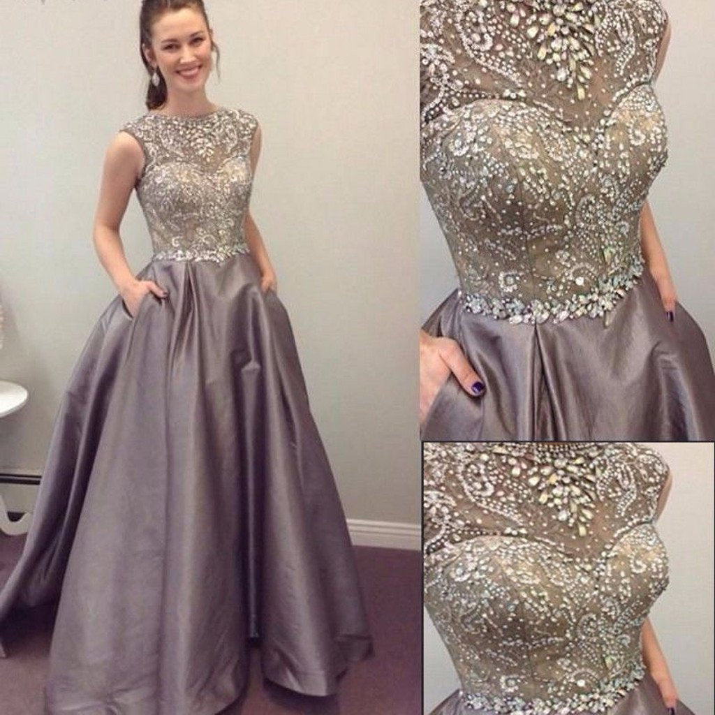 A-Line Sparkly Beading Sleeveless Modest Prom Dresses, PD0682