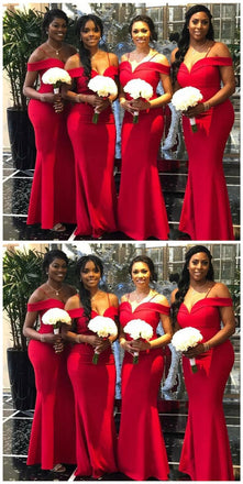 Mermaid Off-the-Shoulder Sleeveless Floor-Length Modern Red Bridesmaid Dress, BD0487