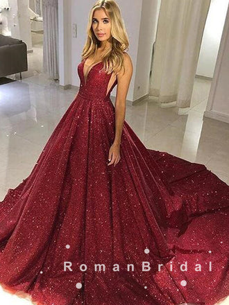 A-Line V-Neck Spaghetti Straps Dark Red Sweep Train Prom Dresses,RBPD0013