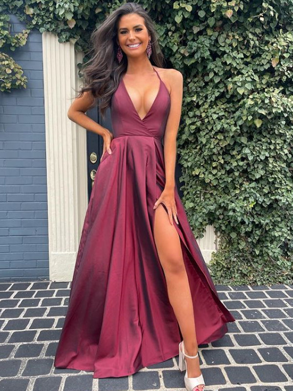 Simple V-neck A-line Satin Side Slit Cheap Long Prom Dresses,RBPD0133 RomanBridal Simple V-neck A-line Satin Side Slit Cheap Long Prom Dresses,RBPD0133 RomanBridal
