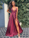 Simple V-neck A-line Satin Side Slit Cheap Long Prom Dresses,RBPD0133