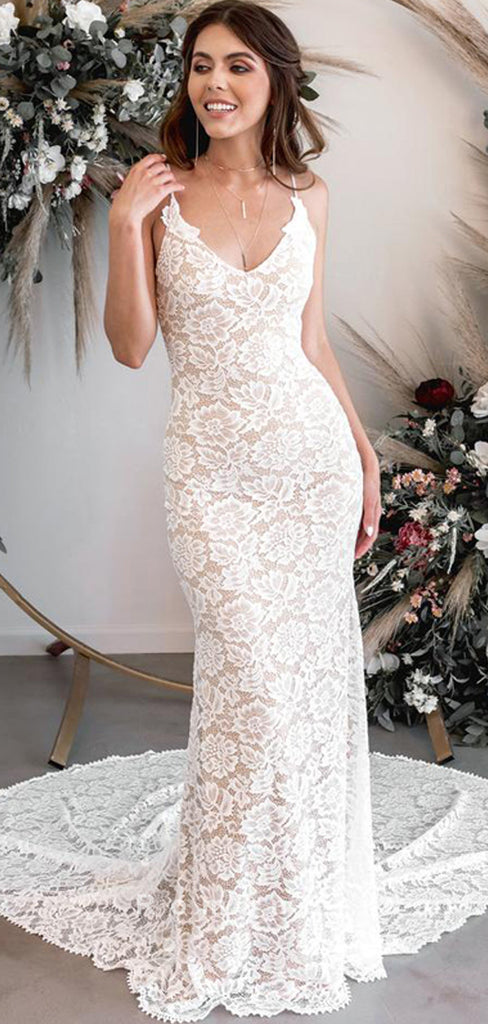 Mermaid V-Neck Spaghetti Straps Lace Long Wedding Dresses,RBWD0014