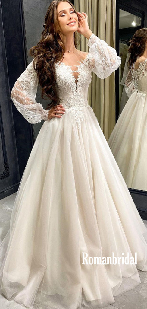 Sexy V-neck A-line Long Sleeve Lace Cheap Long Wedding Dresses Online,RBWD0024