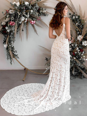 Mermaid V-Neck Spaghetti Straps Lace Long Wedding Dresses,RBWD0014