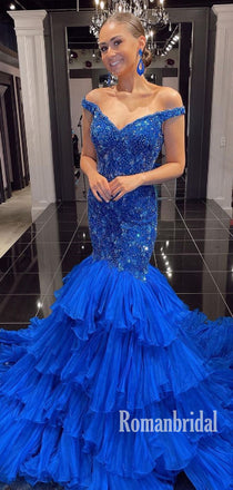 Simple Off Shoulder Mermaid Tulle Cheap Long Prom Dresses,RBPD0134