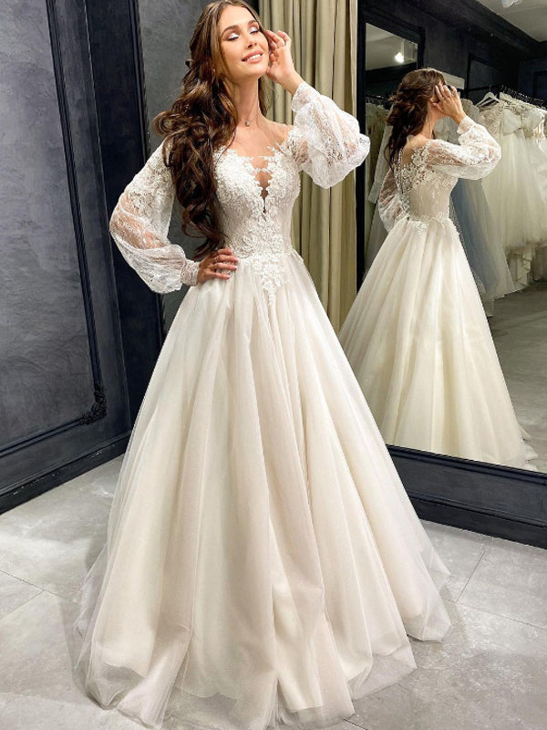Sexy V-neck A-line Long Sleeve Lace Cheap Long Wedding Dresses Online,RBWD0024