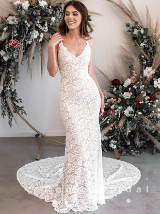 Mermaid V-Neck Spaghetti Straps Lace Long Wedding Dresses,RBWD0014
