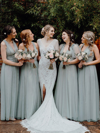 Newest V-neck Tulle Cheap Long Bridesmaid Dresses Online,RBWG0034