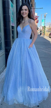 Simple V-neck A-line Tulle Cheap Long Prom Dresses,RBPD0135