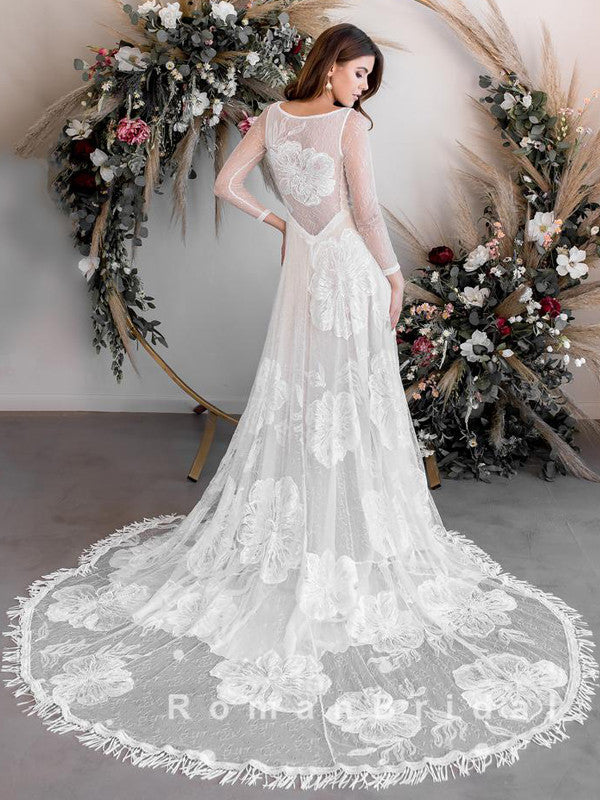 A-Line Round Neck Lace Long Sleeves Beach Wedding Dresses,RBWD0015