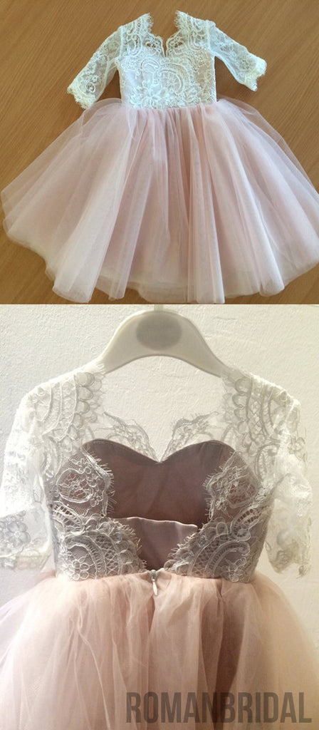 Lace Top Half Sleeves Pink Tulle Flower Girl Dresses, V-back Popular Little Girl Dresses,  FG027