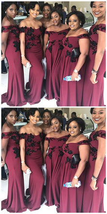 New Arrival Cheap off-the-shoulder Black Appliques dark red Bridesmaid Dress, BD0488