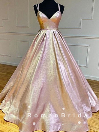 Sparkly A-Line V-Neck Spaghetti Straps Cheap Long Prom Dresses Online,RBPD0015