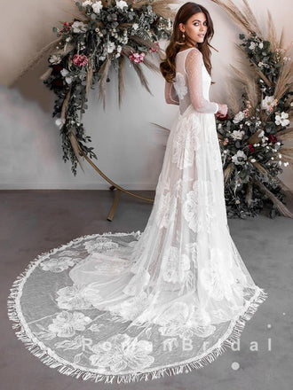 A-Line Round Neck Lace Long Sleeves Beach Wedding Dresses,RBWD0015