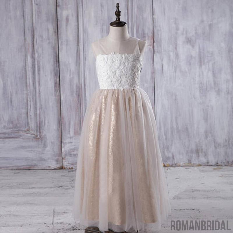 Illusion Ivory Lace Tulle Flower Girl Dresses with Gold Sequin Skirt, FG060