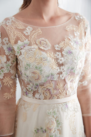 A-line Floor-length 3/4 Sleeves See-though Embroidery Wedding Dresses, WD0466
