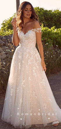 A-Line Off The Shoulder Tulle Lace Floor Length Wedding Dresses,RBWD0016