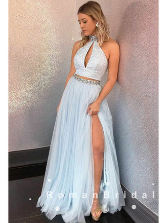 A-Line High Neck Two Piece Tulle Long Prom Dresses With Beading,RBPD0016