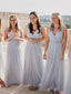 Simple V-neck Tulle A-line Long Bridesmaid Dresses Online,RBWG0061