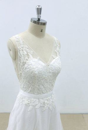 Popular A-line V-neck lace top tulle backless simple Wedding Dresses with train, WD0365