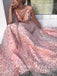 A-Line Deep V-Neck Spaghetti Straps Tulle Long Prom Dresses With Appliques,RBPD0017