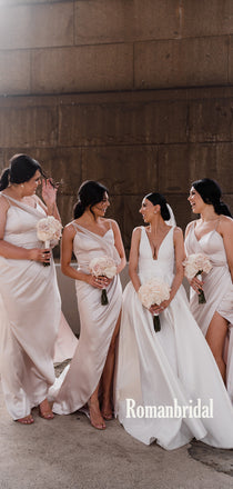 Simple V-neck Mermaid Side Slit Long Bridesmaid Dresses Online,RBWG0072