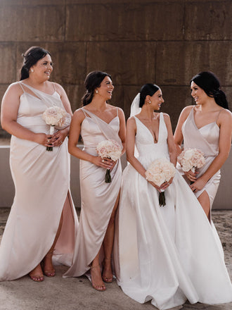 Simple V-neck Mermaid Side Slit Long Bridesmaid Dresses Online,RBWG0072