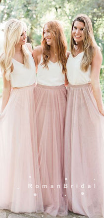 A-Line V-Neck Straps Two Piece Tulle Floor Length Bridesmaid Dresses,RBWG0018