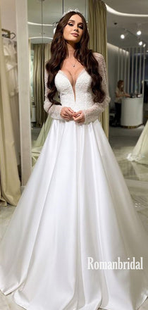 Elegant V-neck Satin A-line Cheap Long Wedding Dresses Online,RBWD0028