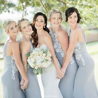 Halter Unique Lace Top Mermaid Cheap Long Grey Bridesmaid Dresses, BD0490