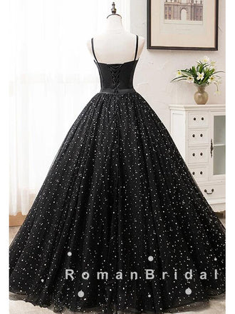 A-Line Sweetheart Spaghetti Straps Black Tulle Long Prom Dresses With Beading,RBPD0018