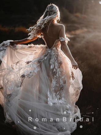 A-Line Off The Shoulder Lace Tulle Long Wedding Dresses,RBWD0018