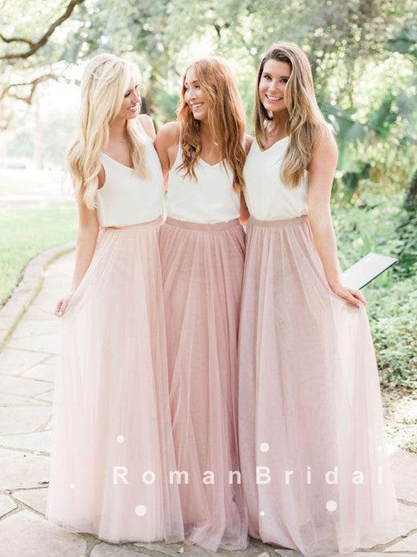 A-Line V-Neck Straps Two Piece Tulle Floor Length Bridesmaid Dresses,RBWG0018