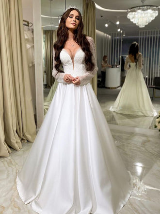 Elegant V-neck Satin A-line Cheap Long Wedding Dresses Online,RBWD0028