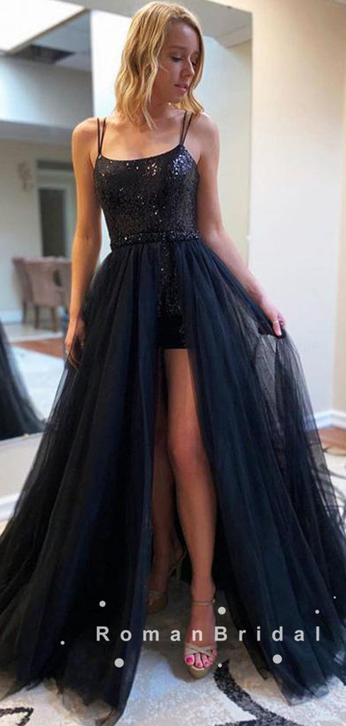 A-Line Spaghetti Straps Detachable Black Tulle Long Prom Dresses With Sequins,RBPD0019