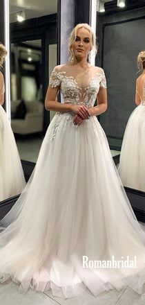 Elegant V-neck Tulle A-line Cheap Long Wedding Dresses Online,RBWD0029