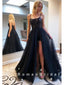 A-Line Spaghetti Straps Detachable Black Tulle Long Prom Dresses With Sequins,RBPD0019