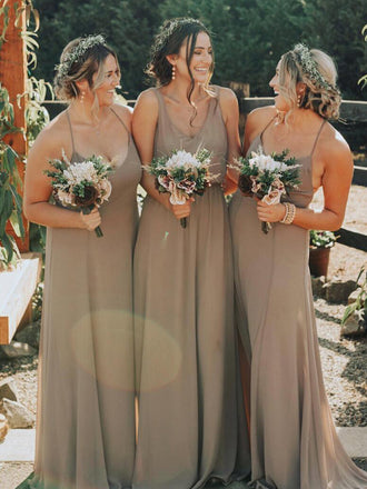 Simple V-neck Chiffon Side Slit Cheap Long Bridesmaid Dresses Online,RBWG0044