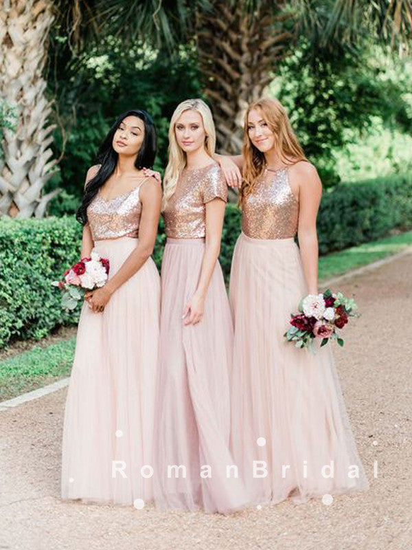 A-Line Mismatched Two Piece Tulle Long Bridesmaid Dresses With Sequins RomanBridal A-Line Mismatched Two Piece Tulle Long Bridesmaid Dresses With Sequins RomanBridal