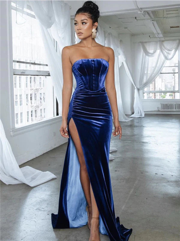 Strapless Simple Royal Blue Velvet Long Prom Dresses With Split, WGP210